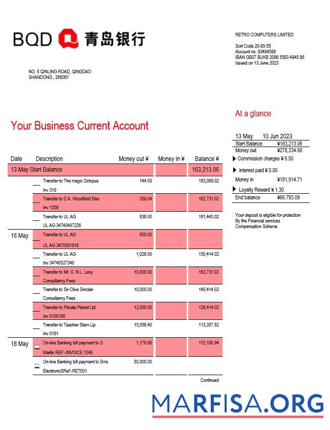 Blank Bank of Qingdao firm statement Word and PDF template